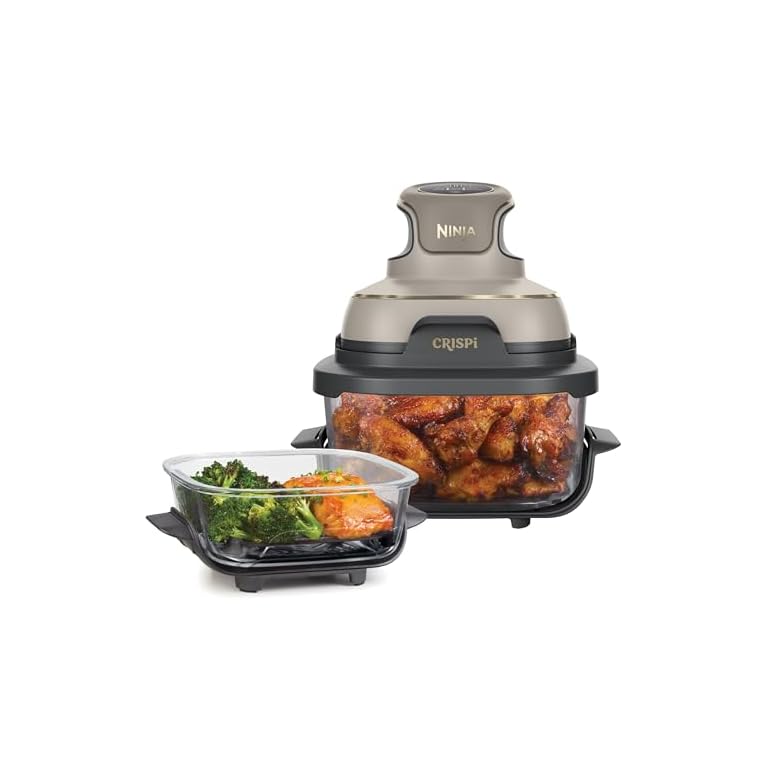 Productafbeelding van Ninja CRISPi Draagbare Airfryer, 3,8 L, 4-in-1: Airfry, Braden, Warmhouden, Krokant Opwarmen, Ruimtebesparend Compact Design, 2 Uitneembare Glazen Schalen & Deksels, Steengouden kleur FN101EUSTGD voor vergelijking en koopadvies