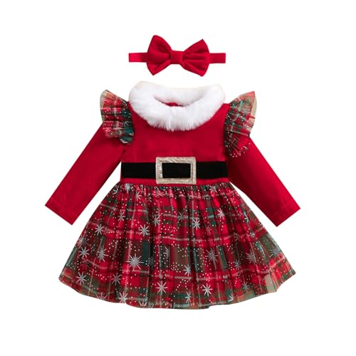 BeQeuewll Baby Girl Christmas Outfit Red Green Dress Long Sleeve Velvet Party Tulle Dress Toddler Christmas Clothes Winter (Ruffle Plaid, 18-24 Months)