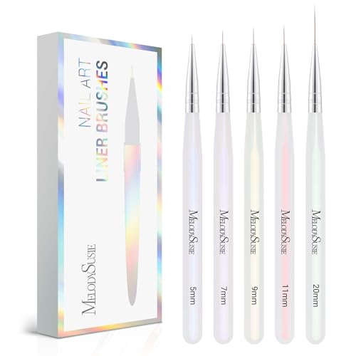 Melodysusie 5Pcs Nail Art Liner Brushes Professional Gel Polish Painting Art Design Pen Set For Thin Long Lines, Tiny Details, Fine Drawing, Delicate Coloring Sizes 5/7/9/11/20Mm