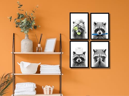 Image of Mira Mest Framed Bathroom Wall Decor | Funny Quotes & Cute Animal Art Prints | Quirky Toilet Signs & Guest Bath Decorations | Minimalist Black & White Washroom Signs | Ready to Hang Toilet Humor for Home & Powder Room (Racoon Set of 4)