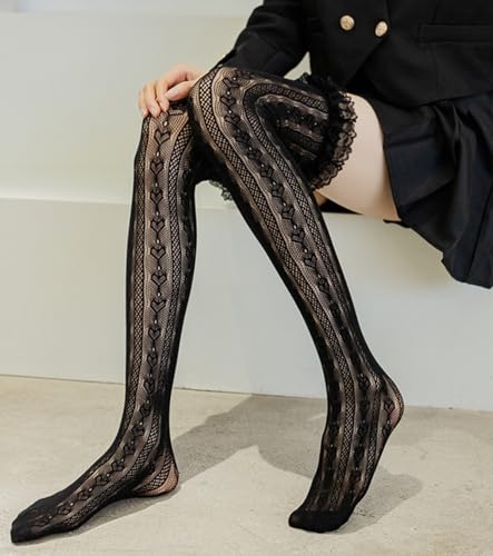 Lace Knee High Stockings, Black Sheer Pattern with Ruffle Trim, Gothic Style2