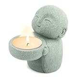 Buddha Sandstone Statues, Feng Shui Praying Statue Buddha Candle Holder, Smiling Japanese Buddha Collectible Figurines Ornament for Home Office Car Decoration(Grey)