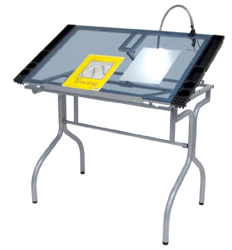 Studio Designs Folding Modern Glass Top Adjustable Drafting Table Craft Table Drawing Desk Hobby Table Writing Desk Studio Desk, 35.25" W X 23.75" D, Silver / Blue Glass #TOP7