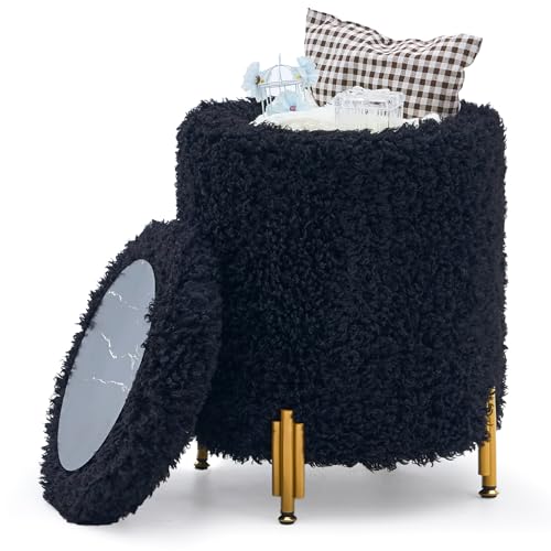 Mxfurhawa Round Ottoman Foot Stool with Storage and Metal Legs for Living Room Bedroom, Velvet Upholstered Footrest Stool Support 300lbs Modern Padded Seat Ottoman Coffee Table (Black-Long Wool)