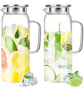 2 Pack Glass Water Pitcher, 2 L Glass Pitcher with Lid and Handle, Clear Iced Tea Pitcher Glass M...