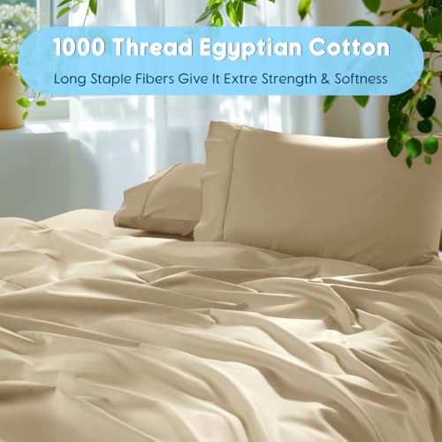 Image of SONORO KATE 1000 Series 100% Egyptian Cotton Queen Sheet Set,4 Pieces | Soft,Breathable Long Staple,Sateen Weave,Luxury 5-Star Hotel Bed Sheets,16 inch Deep Pocket,Beige
