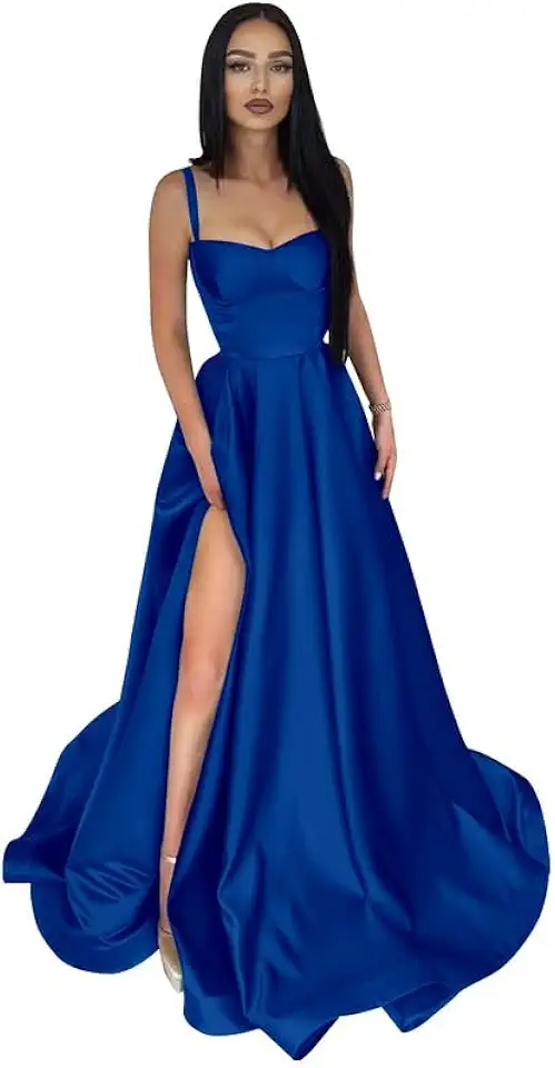 Vestidos femininos de cetim com alças finas para madrinha de casamento com bolsos, vestido de formatura longo, evasê, vestido de noite formal com fenda PRY156