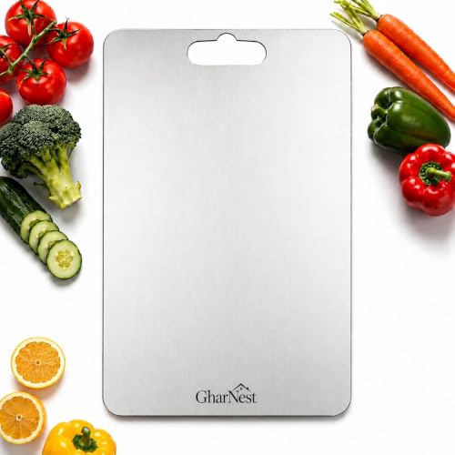 Image of GharNestStainless Steel Cutting Board with Handle, 32 x 21.5 cm, Scratch Resistant, Anti-Slip, Hygienic for Vegetables, Fruits & Meat