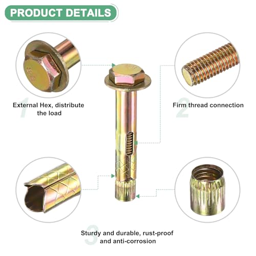 Image of M METERXITY 5-Pack Hex Expansion Bolt, M10x70mm Colored Galvanized Iron-Carbon Steel External Hex Expansion Bolts, Anti-Corrosion Metal Bolt for Concrete /Dry Brick /Block Walls