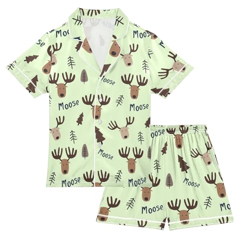 Cute Night Moose Green Summer Satin Pajama Set, Cute Button-Down Sleepwear Pj Set for Sleep Wears