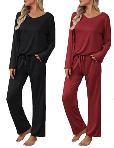 Ekouaer Womens 2 Pack Pajama Set Long Sleeve Pajamas Top and Pants V Neck Pjs Set Soft Loungewear with Pockets