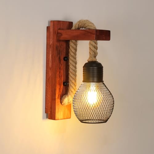 Lámpara de Pared Vintage, Aplique de Pared de Madera, con Diseño en Cordón de Cáñamo, Portalámparas E27, Ideal para Dormitorios, Pasillos, Comedores, Bares y Otros Espacios (Bombilla no incluida)