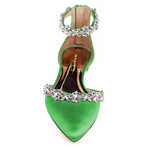 Image of XYD Women Classic Pointed Toe D'Orsay Wedding Flat Sandals Sparkly Rhinestones Ankle Strap Low Heel Dress Shoes with Zipper