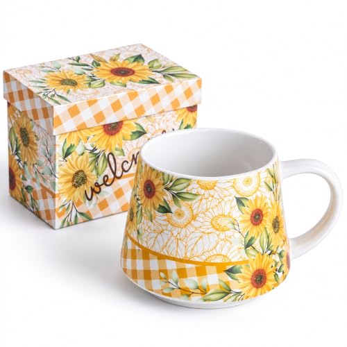 Topadorn 12oz Ceramic Coffee Mug, Sunflower Floral Tea Cup with Gift Box
