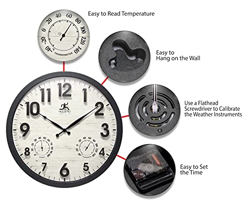 Concordia 17.5-Inch Indoor/Outdoor Waterproof Wall Clock With Built-In Hygrometer & Thermometer. Light Wood Clock Face With Black Frame, Silent Battery Operated, Round Clock Wall Decor For Patio/Home #TOP4