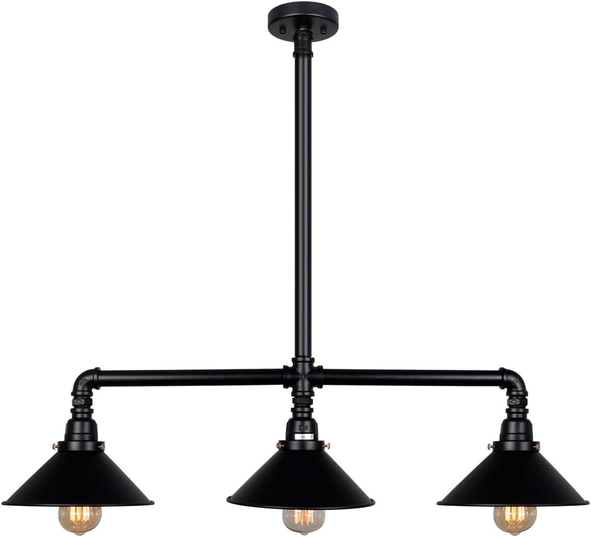 UNITARY Farmhouse Kitchen Light Fixtures, Rustic Dining Room Light Fixture with 3 E26 Bulb Sockets, Black Metal Pool Table Lights, Pendant Lights Kitchen Island, Ceiling Pendant Light Fixtures
