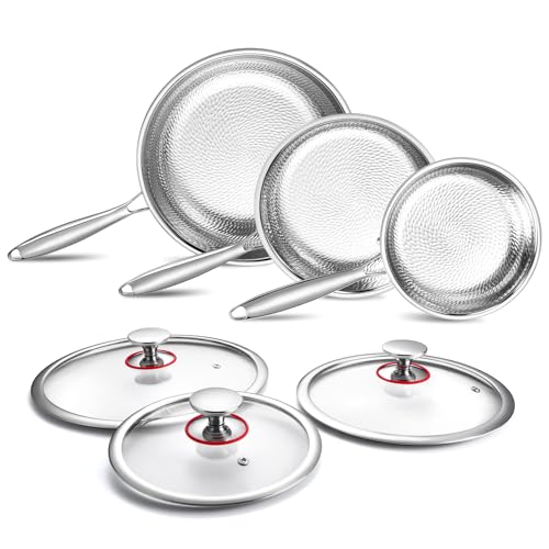 Lazycorner Titanium Non-stick Frying Pan with Lid, 8, 10, and 12 Inch Hammered Nonstick Skillet Set, Titaniums Coating & Scratch-Resistant, PFOA Free, Induction Compatible Cookware