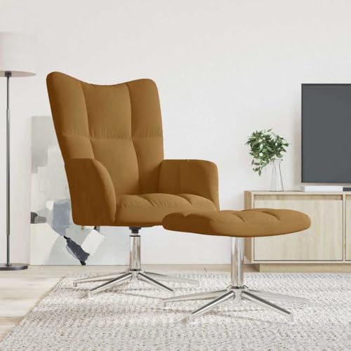 SooIarix Sillón de relax con taburete, terciopelo marrón, giratorio 360°, silla tapizada con estructura de acero, sillón de salón para dormitorio, cómodo sillón orejero