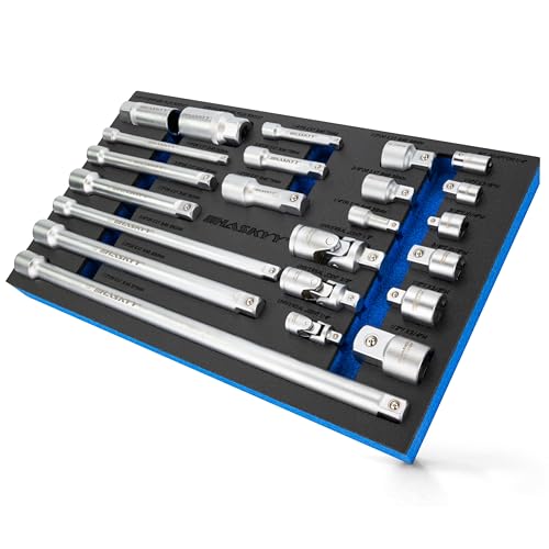 HASKYY Jeu de Douilles et Clé à Cliquet 1/4 3/8 1/2 Pouce | Coffret Rallonge Cardan Adaptateur | Set Professionnel Automobile et Industrie avec Douille Bougie