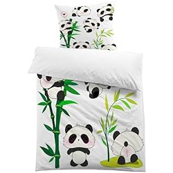 Funda Nordica Oso Panda MUSOLEI Juego de ropa de cama de panda para niños, juego de funda de edredón de bambú verde, funda de edredón con cremallera suave y funda de almohada individual de 135 x 200 cm