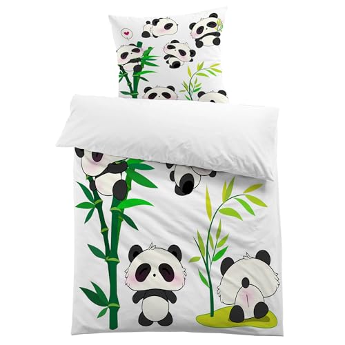 MUSOLEI Panda - Juego de ropa de cama infantil con funda de edredón y funda de almohada para cama individual, 135 x 200 cm, diseño de panda de bambú verde