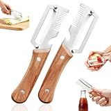 Left & Right Hand Vegetable Peeler Set with Scallion Slicer & Bottle Opener, Thickened Stainless Steel Wide Blade for Smooth Peeling, Wooden Handle Kitchen Peeler for Fruits & Vegetables