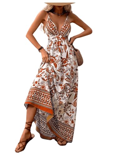 Image of MakeMeChic Women's Boho Maxi Dress Summer Luau Outfits Beach Wedding Guest Backless Sundress Flowy Resort Wear