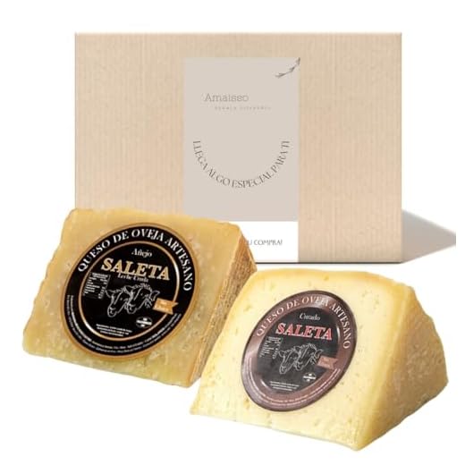 Amaisso® Caja de Quesos Regalo Gourmet | Surtido de 2 Cuñas de Queso Curado y Añejo de Oveja | Quesos Artesanos de La Mancha | "Pack Sibarita 500 gr" Saleta