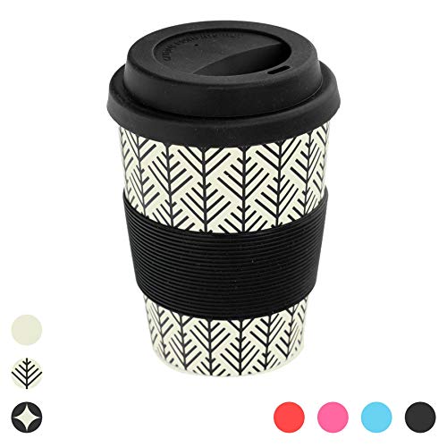 Rink Drink Taza térmica Reutilizable - con Tapa y Banda para los Dedos de Silicona - Fibra de bambú - Geométrico - Negro - 350 ml