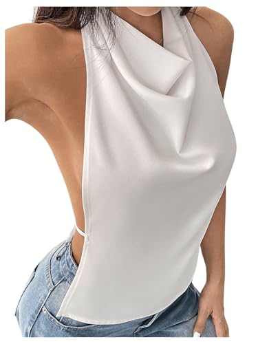 MakeMeChic Women's Halter Tops Open Back Sleeveless Satin Dinner Tops Tie Backless Fall Shirts