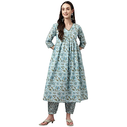 Image of FIORRA Women's Light Blue Pure Cotton Flared Kurta with Pant