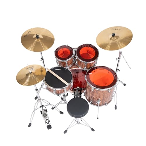 Image of TempoX Professional 5-Piece Acoustic Drum Set with 2 Cymbals & Hi-Hat (Brown) | Heavy-Duty Double Braced Stands | Complete Full Drum Set Kit for Practice & Performance