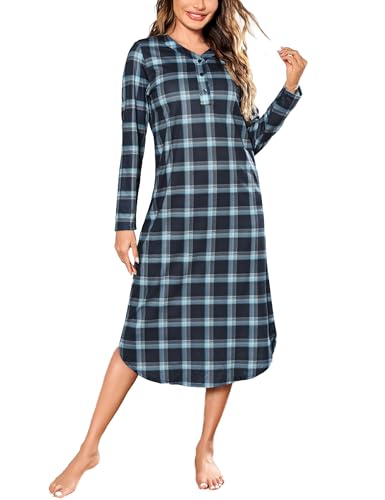 【Camicia Notte Donna Leggera】Design di questa camicia da notte si basa principalmente su un semplice motivo a quadri, arricchito da bottoni neri sul petto. Il taglio largo nasconde la pancia e altre imperfezioni.