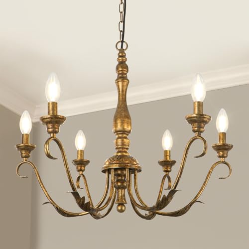 KMaiPem 6-Light Farmhouse Chandelier, 23.62'' Vintage Brass Gold Chandeliers for