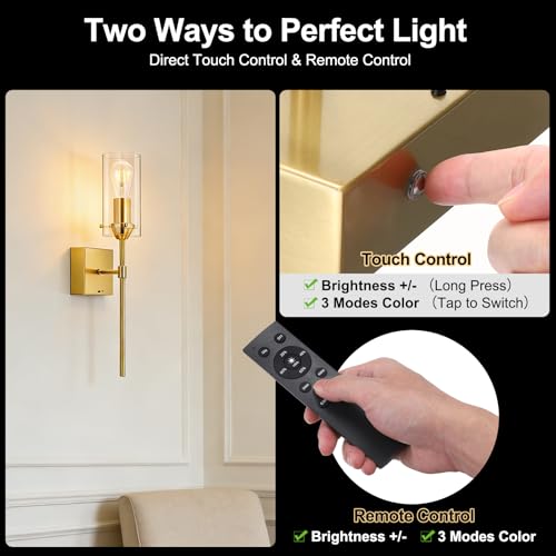 Image of Battery Operated Wall Sconce Glass Wireless Sconces Set of 2 Gold | Wall Sconces Rechargeable with Remote Control Dimmable Wall Light for Bedroom Living Room Hallway Entryway, 3000-6500K
