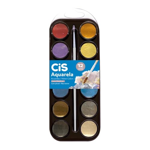 Aquarela Escolar Cores Metálicas CIS, Estojo Com 12 Cores + Pincel