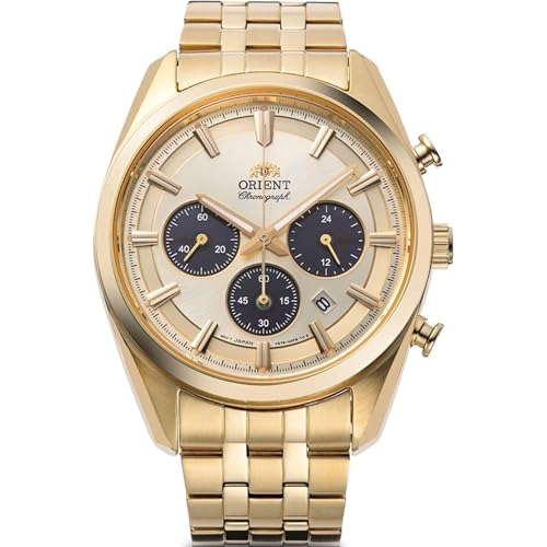 Montre chronographe solaire Orient Stretto avec cadran champagne chic et mouvement précis