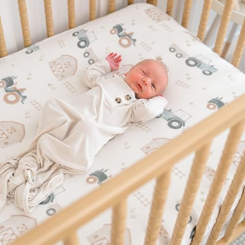 Image of Crane Baby Charlie Farmhouse Tractor Crib Fitted Sheet, 100% Cotton Baby Bed Sheets, Farm Nursery Decor, Crib Sheets for Boys, Baby Registry Gift, Tractor Nursery Decor