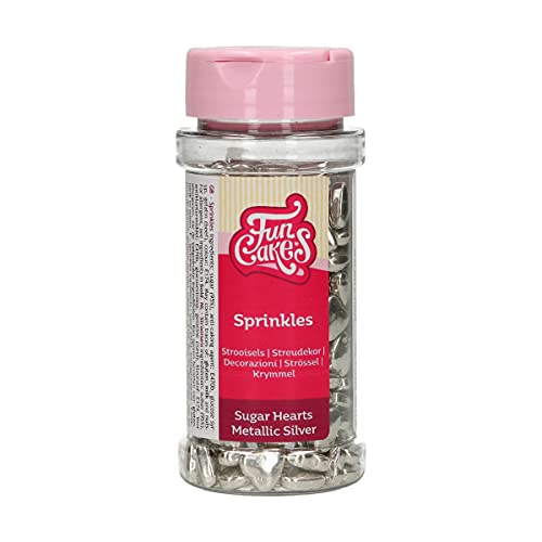 FunCakes Coeurs de Sucre Argent Métallisé: Sprinkles de gâteau, bon goût, parfait pour la décoration de gâteaux, bonbons Coeurs en Sucre 80 g.