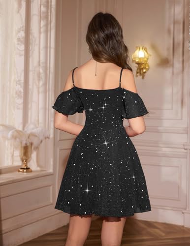 Image of Meetjen Women's Short Cocktail Dresses for Teens Formal Homecoming Sparkly Off Shoulder Tulle Sequin Prom Party Dress