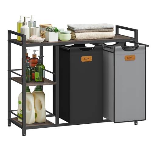 VASAGLE Panier à Linge, 2 Compartiments, Corbeille à Linge 100 L, Bac, roulettes, Chariot avec Étagères, Sac, Poches Amovibles, 6 Étiquettes, Marron, Noir d'encre et Gris Tourterelle BLH311B02