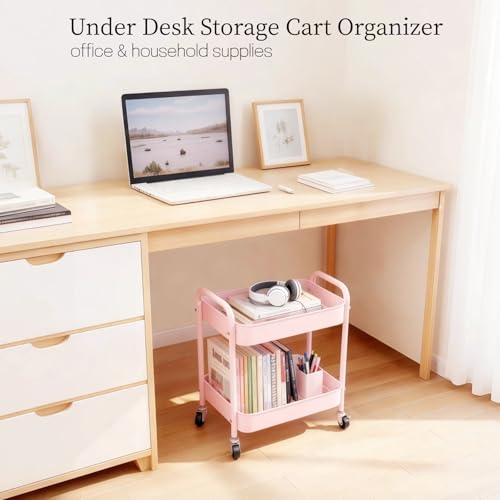 Image of Pink 2 Tier Rolling Cart Metal with Wheels Under Desk Storage Cart for Small Space Organization, Small Trolley for Pantry Room Laundry Bathroom Kitchen Office Art Snack Baby Supplies