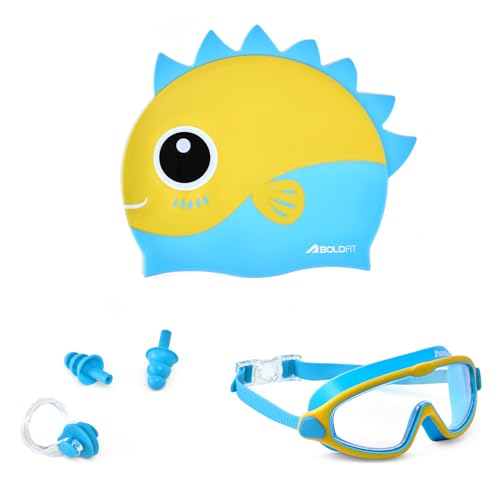 Image of Boldfit Dino Theme Kids Swimming Set, 5-in-1 Combo with Silicone Swim Cap, Anti-Fog Adjustable Goggles, Earplugs & Nose Clip, Leak-Proof, Comfortable & Durable Swim Kit for Boys & Girls
