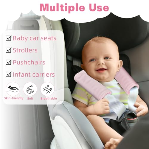 Image of GFU Car Seat Strap Pads for Baby, Soft Shoulder Pads for Comfort, Reversible Seatbelt Covers for Kids, Perfect for Baby Car Seat, Stroller, Swing, High Chair, Size: 6.5 x 6.5 inch, Pink