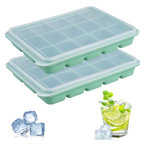 2 Piezas Cubiteras para Hielo,15 Compartimentos Cubitera Silicona con Tapa Sin BPA,Moldes para Cubitos de Hielo,Ice Cube Tray,Bandeja de Hielo de Silicona para Cócteles,Whisky,Vino,Jugo,Puré de Frutas