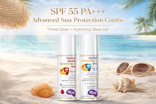 Image of Get Nectar Happiness SPF 55 PA+++ Combo | Tinted Sunscreen + Glow Sunscreen Gel | Broad Spectrum UVA & UVB Protection | No White Cast | non-greasy | Suitable for All Skin Types (Pack of 2, 50ml Each)