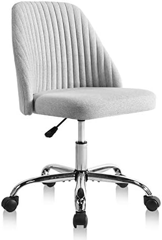 HOMEFLA Desk Chair, Home Office Task Chair Modern Linen Fabric Chair Adjustable Swivel Mid-Back Cute Upholstered Armless Computer Chair with Wheels for Bedroom Studying Room Vanity Room (Light Grey)
