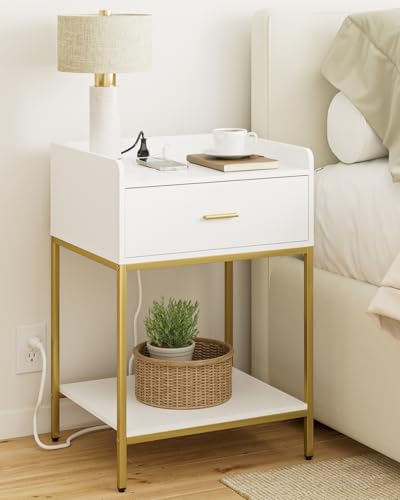 Image of Masupu Nightstand with Charging Station, 3-Tier Modern Bedside Night Stand with Storage Drawer and Shelf, Large End Side Table for Bedroom, Living Room,White