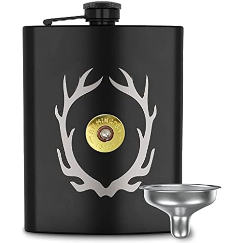 HAMILO Shotgun Shell Deer Hunting Flask for Liquor with Funnel, 8oz Leakproof Camping Flask for Men and Women, Engraved Antlers Whiskey Flask, Hunting Gear Gift Idea, Black Stainless Steel Hip Flasks Cover