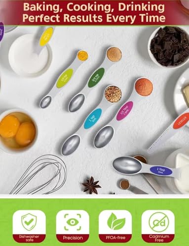 Howgoody Magnetic Measuring Spoons Set Of 8, Heavy Duty 304 Stainless Steel Metal, Fits in Most Kitchen Spice Jars for Baking & Cooking, BPA Free,Measuring Dry & Liquid Ingredients (Light Colorful)